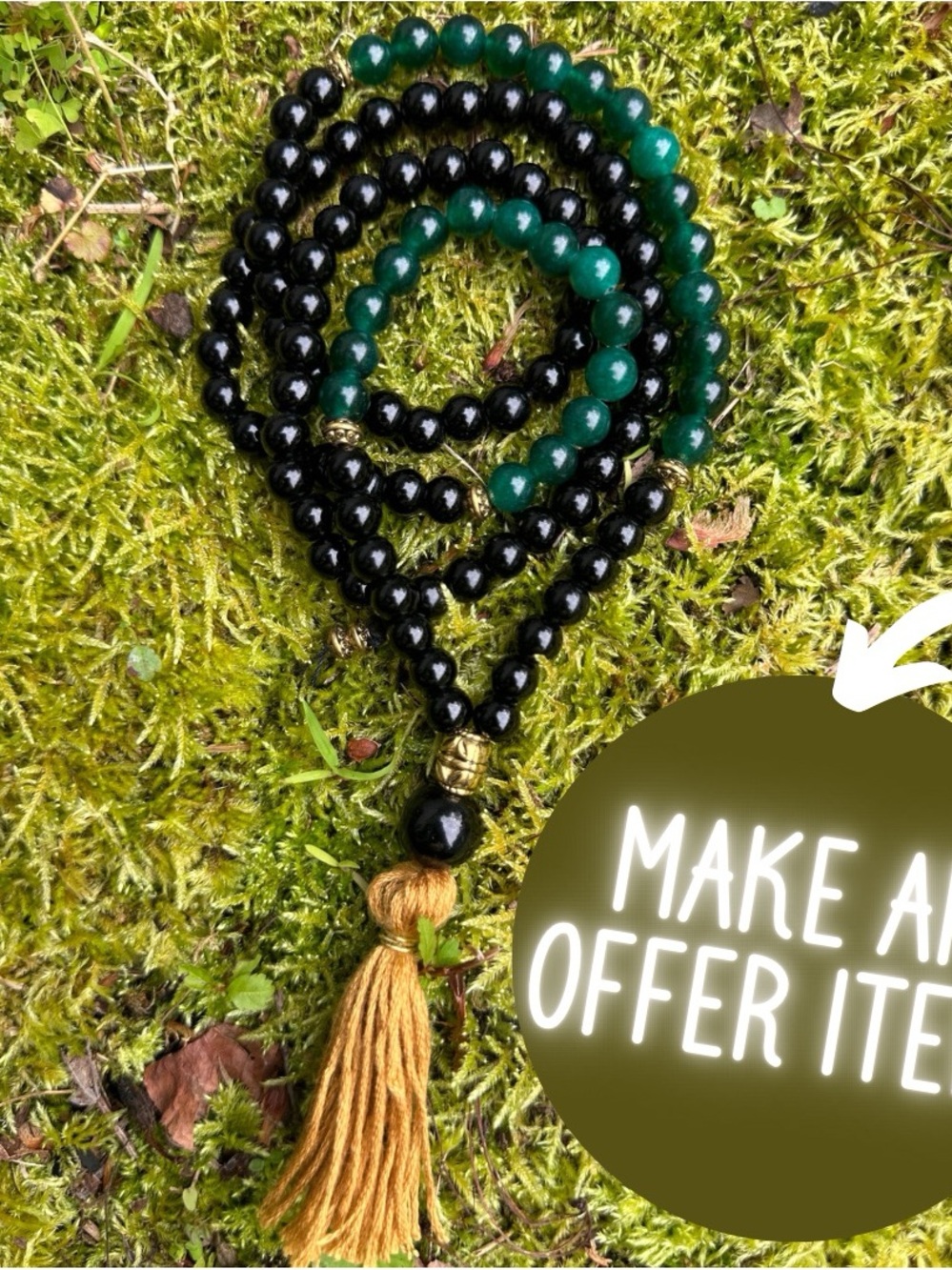 Green and Black Beaded Mala and Tassel Necklace